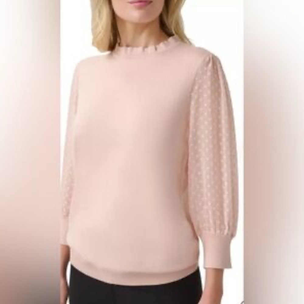 Adrianna Papell Ruffle Edge Neck Sweater Pearl Blush Sheer Polka Dot Blouse M